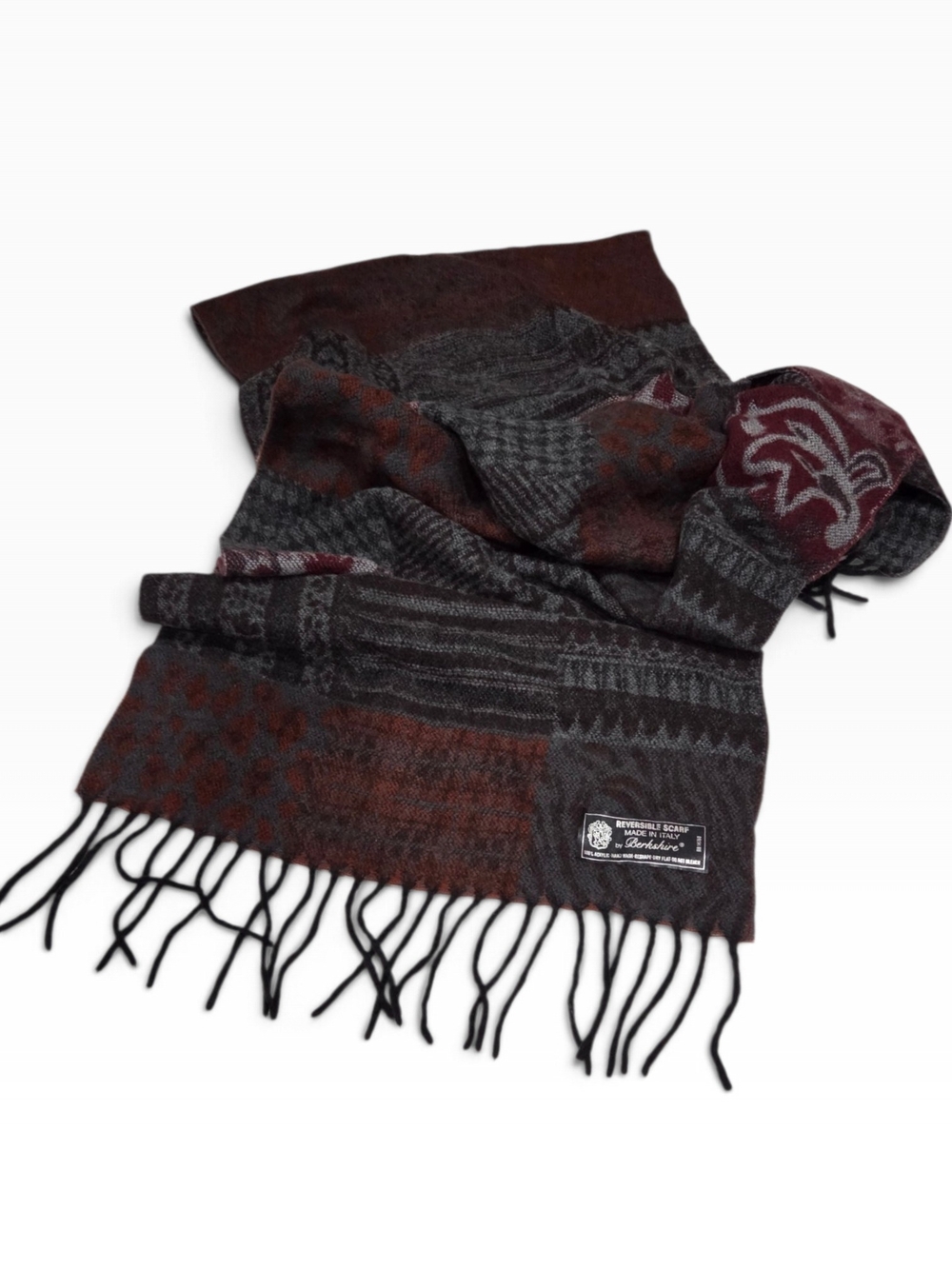 Berkshire Reversible Wool Geometric Scarf w/ Fringe Gray Brown Burgundy Unisex